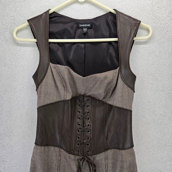 Bebe Corset Midi Dress Womens 0 Bustier Tweed Career Wool Leather Cottage Y2K - Picture 3 of 12